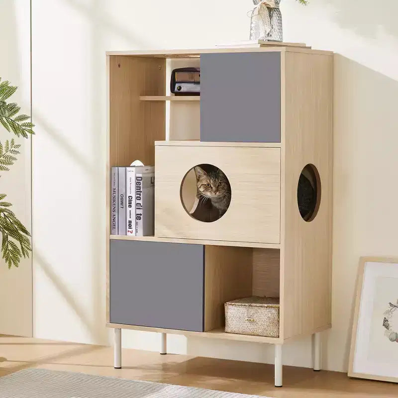Libreria per Gatti 2 in 1 in Legno Naturale con Recinto per Lettiera, 3 Ripiani, per 1-2 Gatti