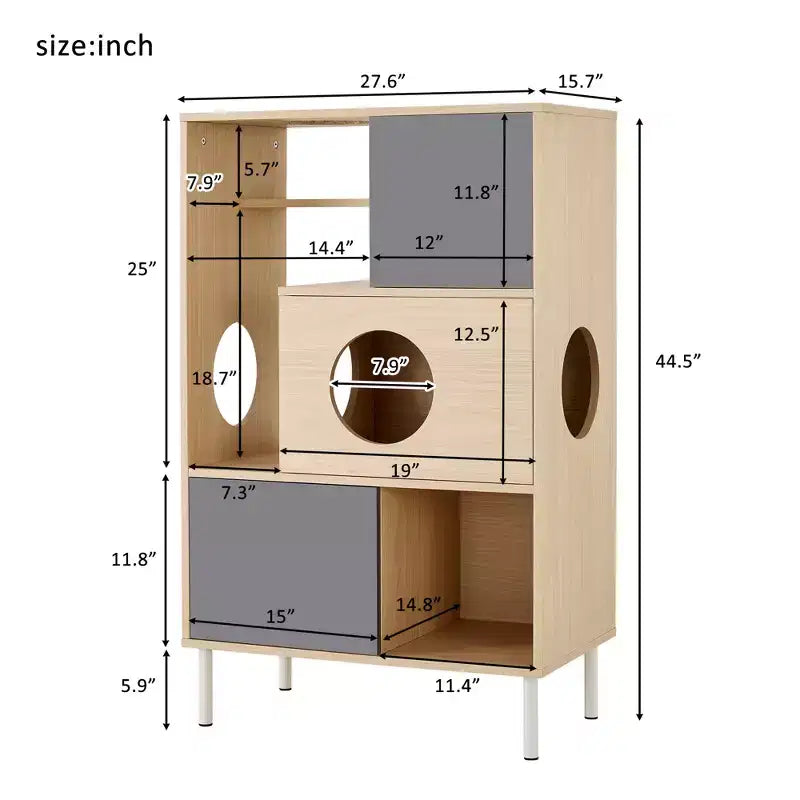 Libreria per Gatti 2 in 1 in Legno Naturale con Recinto per Lettiera, 3 Ripiani, per 1-2 Gatti