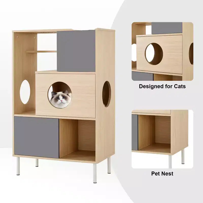 Libreria per Gatti 2 in 1 in Legno Naturale con Recinto per Lettiera, 3 Ripiani, per 1-2 Gatti