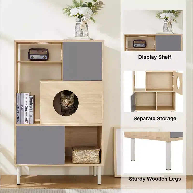 Libreria per Gatti 2 in 1 in Legno Naturale con Recinto per Lettiera, 3 Ripiani, per 1-2 Gatti