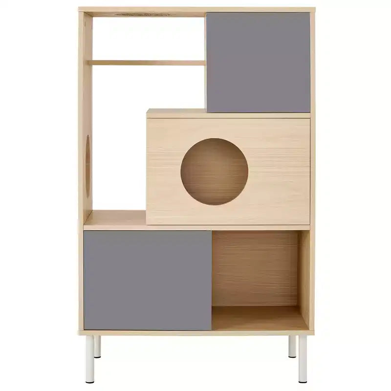 Libreria per Gatti 2 in 1 in Legno Naturale con Recinto per Lettiera, 3 Ripiani, per 1-2 Gatti