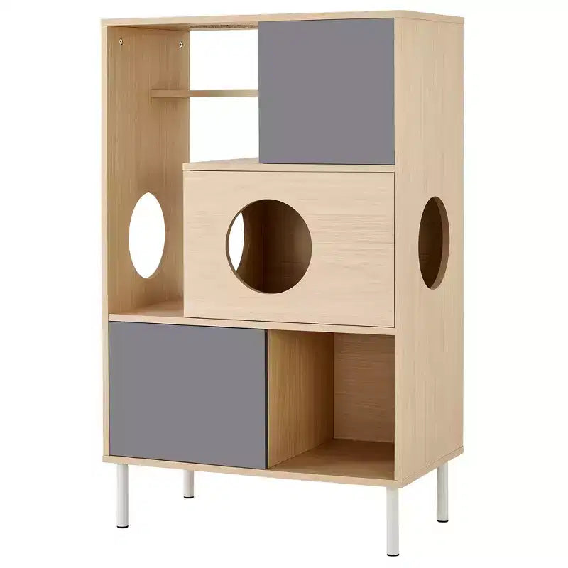 Libreria per Gatti 2 in 1 in Legno Naturale con Recinto per Lettiera, 3 Ripiani, per 1-2 Gatti