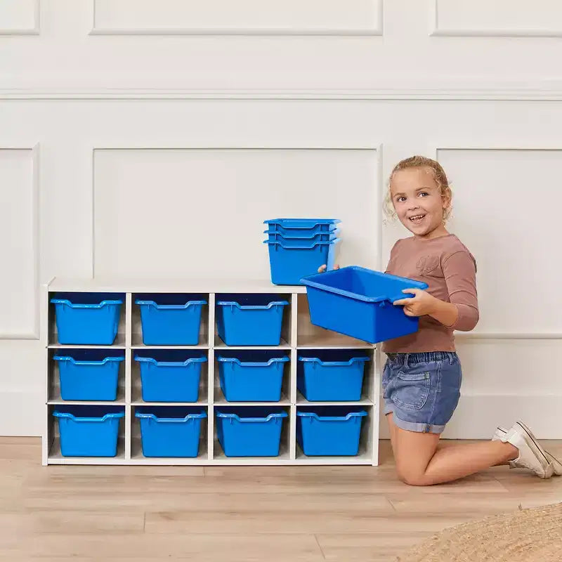 Armadio portacontenitori a 12 scomparti 3x4 con 15 contenitori, per aula bambini