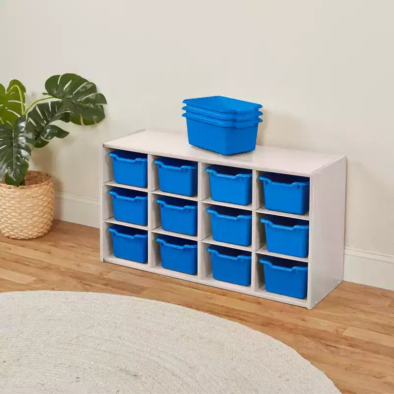 Armadio portacontenitori a 12 scomparti 3x4 con 15 contenitori, per aula bambini