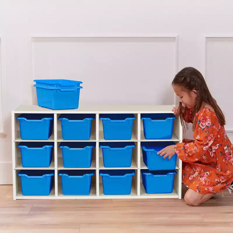 Armadio portacontenitori a 12 scomparti 3x4 con 15 contenitori, per aula bambini
