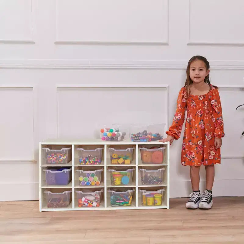 Armadio portacontenitori a 12 scomparti 3x4 con 15 contenitori, per aula bambini