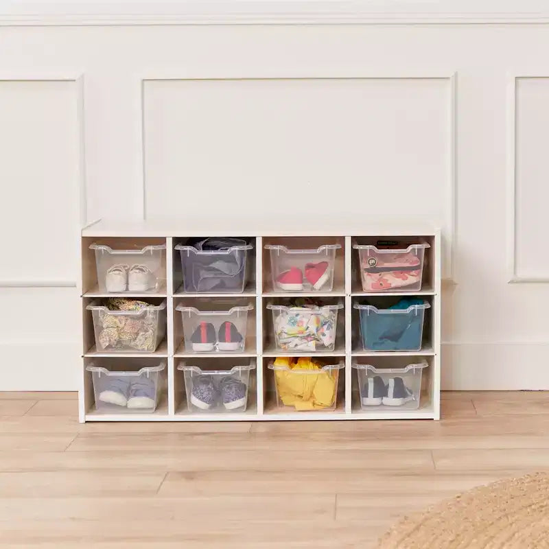 Armadio portacontenitori a 12 scomparti 3x4 con 15 contenitori, per aula bambini