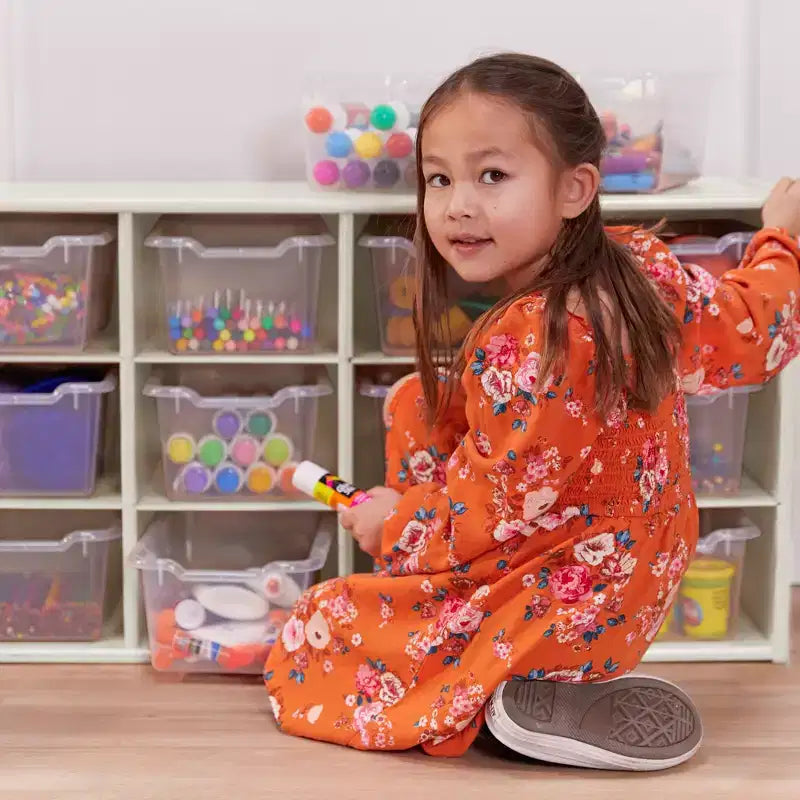 Armadio portacontenitori a 12 scomparti 3x4 con 15 contenitori, per aula bambini