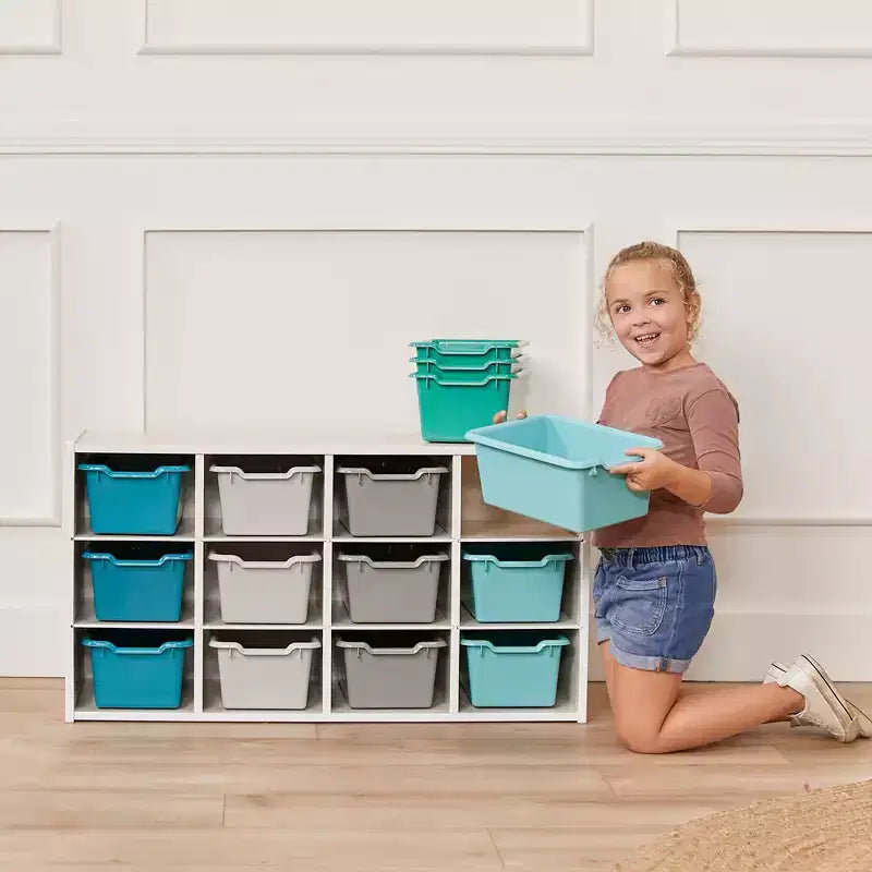 Armadio portacontenitori a 12 scomparti 3x4 con 15 contenitori, per aula bambini