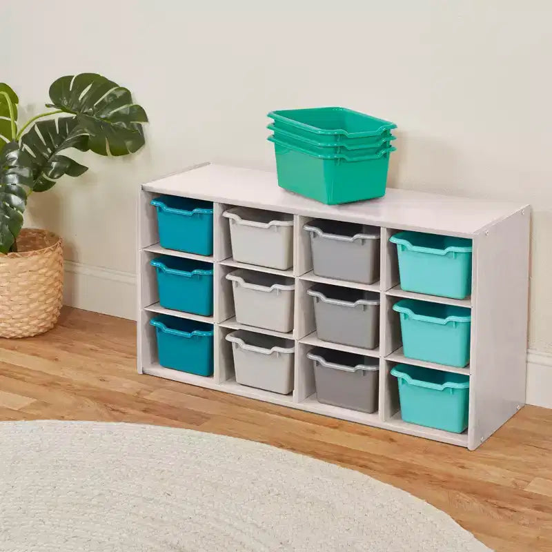 Armadio portacontenitori a 12 scomparti 3x4 con 15 contenitori, per aula bambini