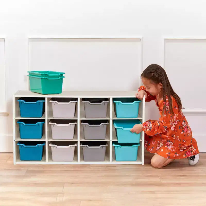 Armadio portacontenitori a 12 scomparti 3x4 con 15 contenitori, per aula bambini
