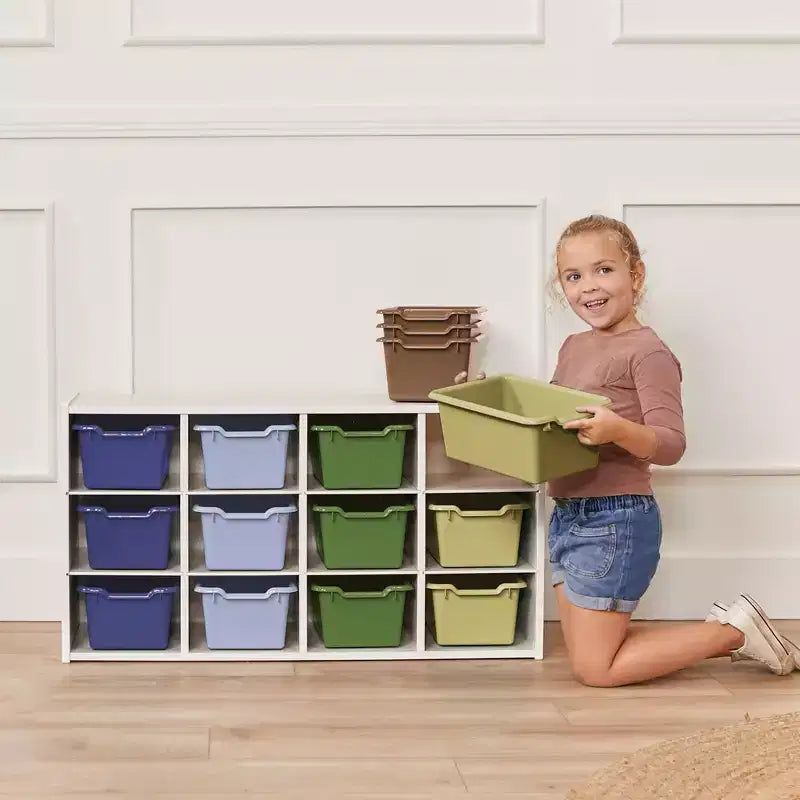 Armadio portacontenitori a 12 scomparti 3x4 con 15 contenitori, per aula bambini