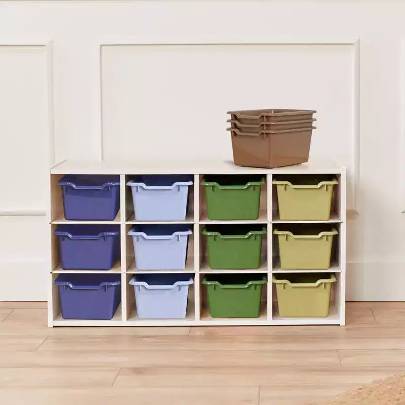 Armadio portacontenitori a 12 scomparti 3x4 con 15 contenitori, per aula bambini