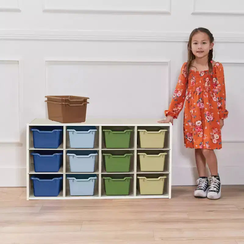 Armadio portacontenitori a 12 scomparti 3x4 con 15 contenitori, per aula bambini
