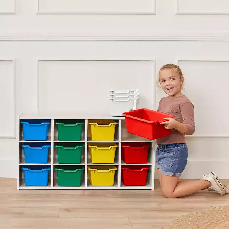 Armadio portacontenitori a 12 scomparti 3x4 con 15 contenitori, per aula bambini