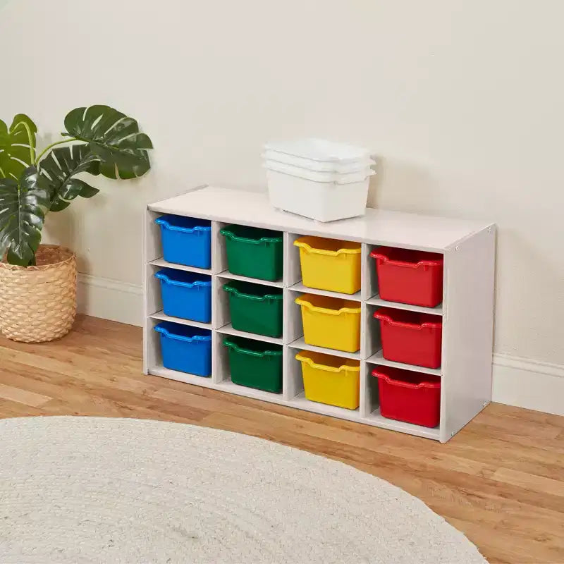 Armadio portacontenitori a 12 scomparti 3x4 con 15 contenitori, per aula bambini