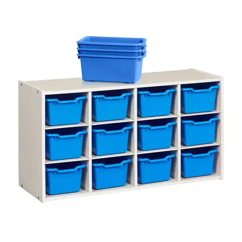 Armadio portacontenitori a 12 scomparti 3x4 con 15 contenitori, per aula bambini