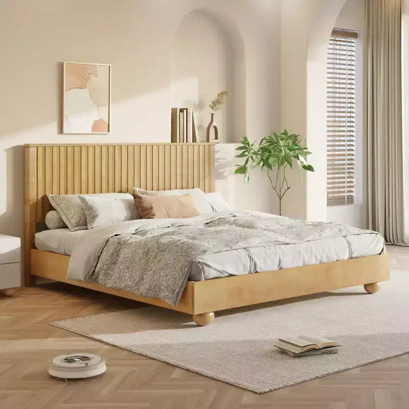 Letto a piattaforma Natural Oak Farmhouse con testiera a coste – Queen / King