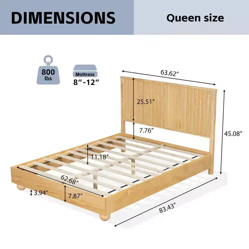 Letto a piattaforma Natural Oak Farmhouse con testiera a coste – Queen / King