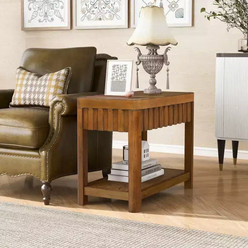 GDFStudio Roshan 25'' Rectangular Farmhouse End Table with Storage Shelf