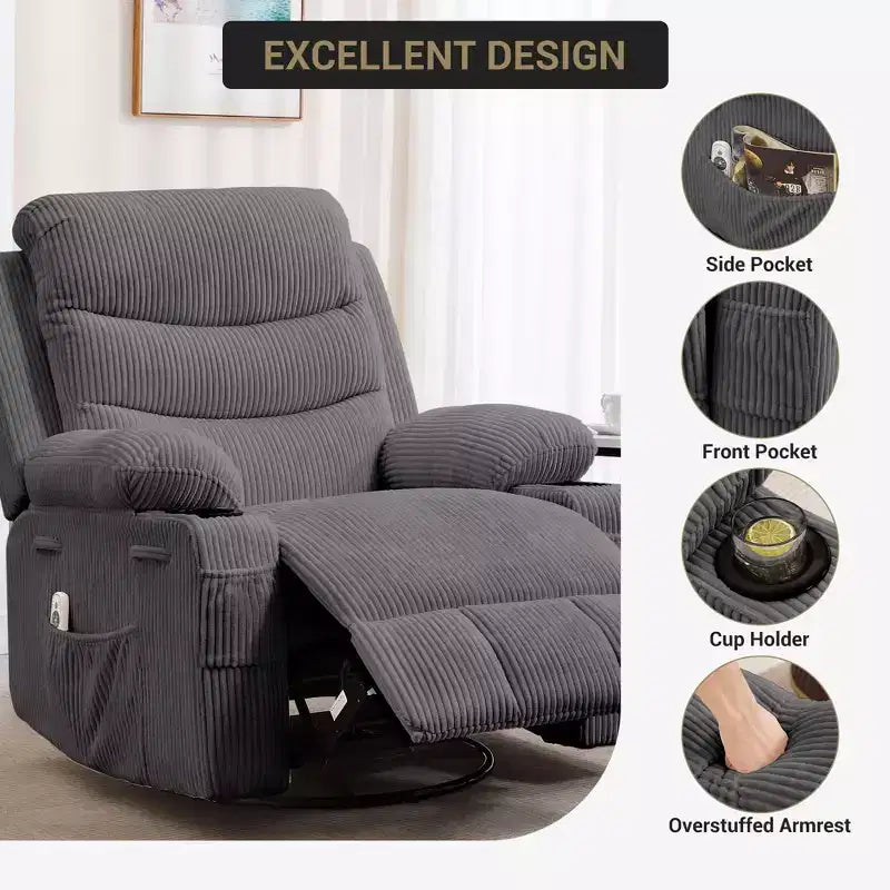 Poltrona Reclinabile Girevole a Dondolo Oversize Beige / Grigio / Marrone, Seduta Singola, in Tessuto a Coste / Lino / PU