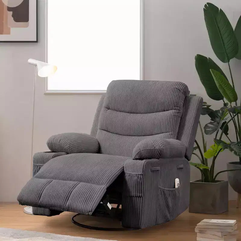 Poltrona Reclinabile Girevole a Dondolo Oversize Beige / Grigio / Marrone, Seduta Singola, in Tessuto a Coste / Lino / PU
