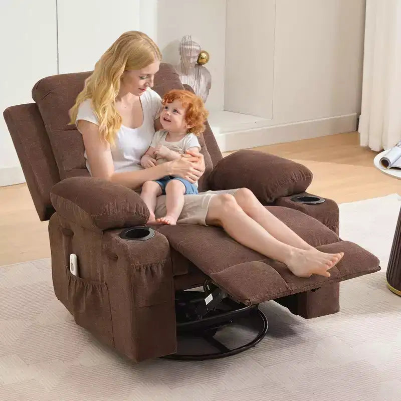 Poltrona Reclinabile Girevole a Dondolo Oversize Beige / Grigio / Marrone, Seduta Singola, in Tessuto a Coste / Lino / PU