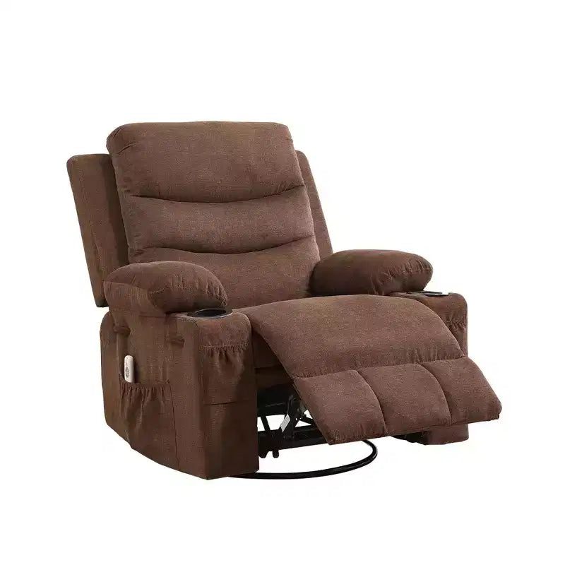 Poltrona Reclinabile Girevole a Dondolo Oversize Beige / Grigio / Marrone, Seduta Singola, in Tessuto a Coste / Lino / PU