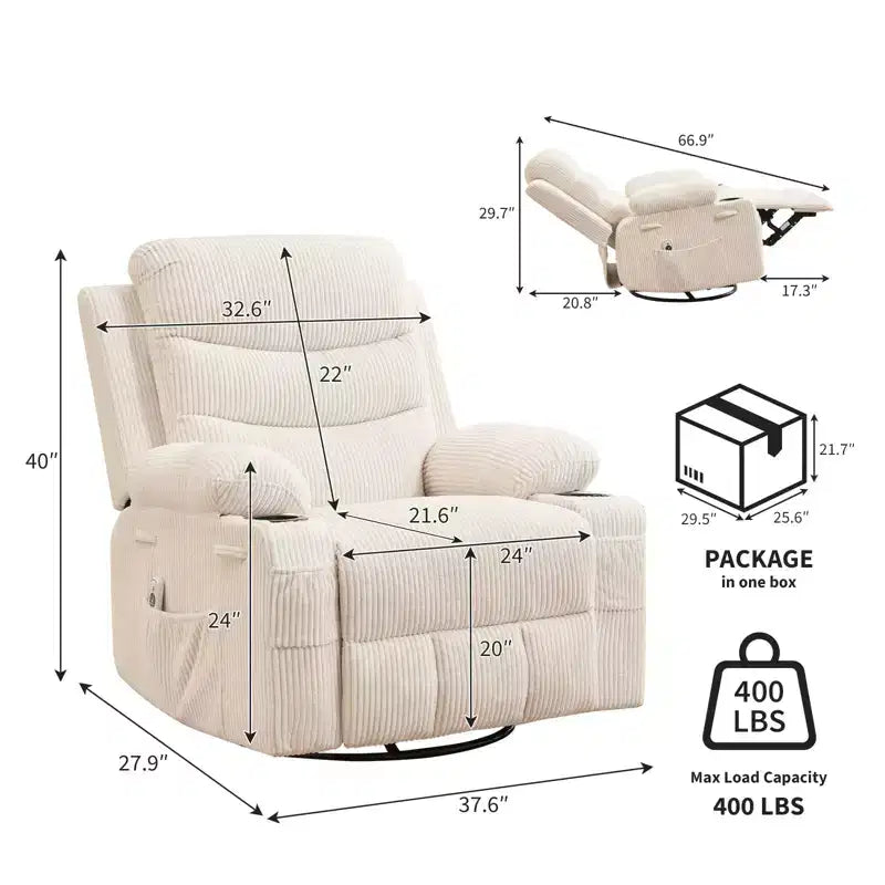 Poltrona Reclinabile Girevole a Dondolo Oversize Beige / Grigio / Marrone, Seduta Singola, in Tessuto a Coste / Lino / PU