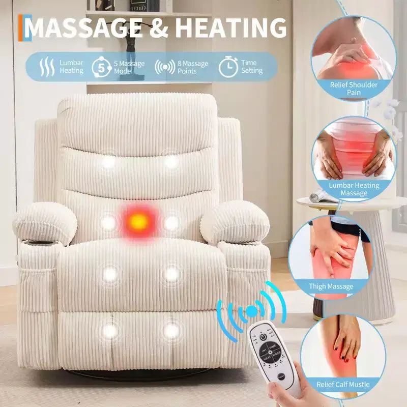 Poltrona Reclinabile Girevole a Dondolo Oversize Beige / Grigio / Marrone, Seduta Singola, in Tessuto a Coste / Lino / PU