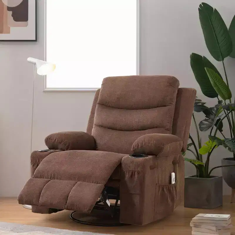 Poltrona Reclinabile Girevole a Dondolo Oversize Beige / Grigio / Marrone, Seduta Singola, in Tessuto a Coste / Lino / PU