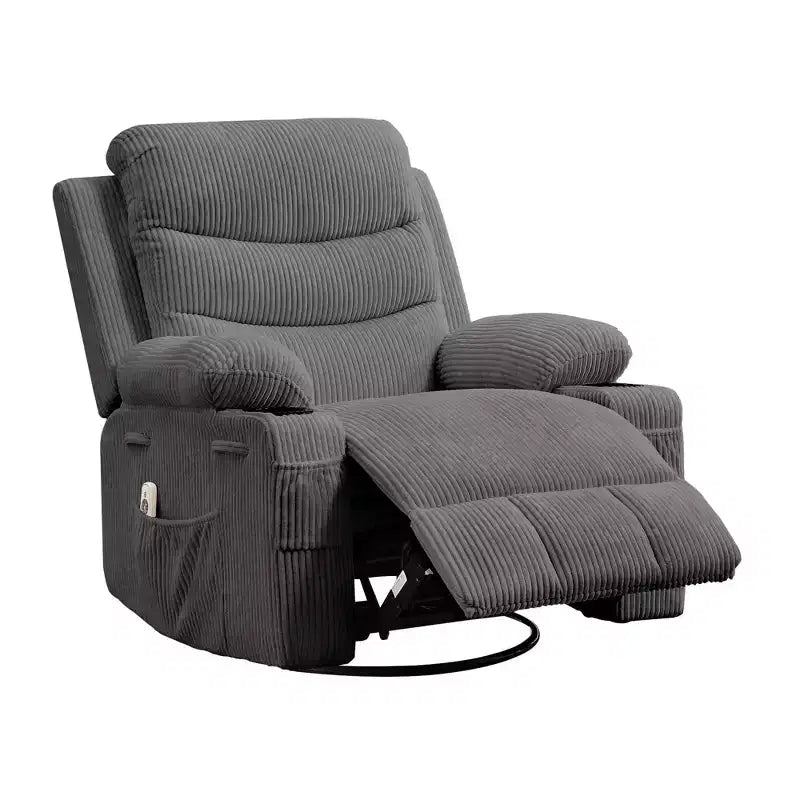 Poltrona Reclinabile Girevole a Dondolo Oversize Beige / Grigio / Marrone, Seduta Singola, in Tessuto a Coste / Lino / PU