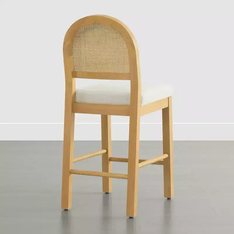 Sgabello da Bancone in Rattan Boho, Naturale/Noce, Schienale Curvo e Seduta Imbottita, Set da 2 o 3 (1 Posto Ciascuno)