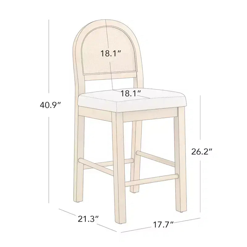 Sgabello da Bancone in Rattan Boho, Naturale/Noce, Schienale Curvo e Seduta Imbottita, Set da 2 o 3 (1 Posto Ciascuno)