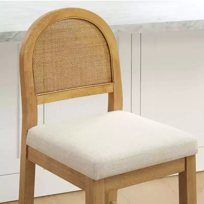 Sgabello da Bancone in Rattan Boho, Naturale/Noce, Schienale Curvo e Seduta Imbottita, Set da 2 o 3 (1 Posto Ciascuno)