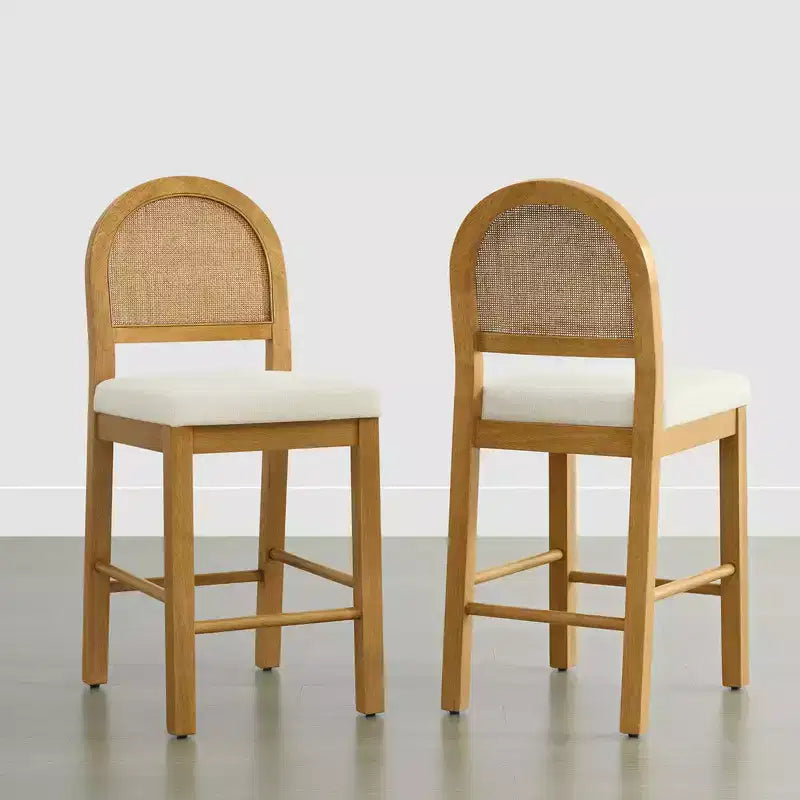 Sgabello da Bancone in Rattan Boho, Naturale/Noce, Schienale Curvo e Seduta Imbottita, Set da 2 o 3 (1 Posto Ciascuno)
