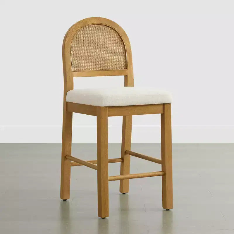 Sgabello da Bancone in Rattan Boho, Naturale/Noce, Schienale Curvo e Seduta Imbottita, Set da 2 o 3 (1 Posto Ciascuno)