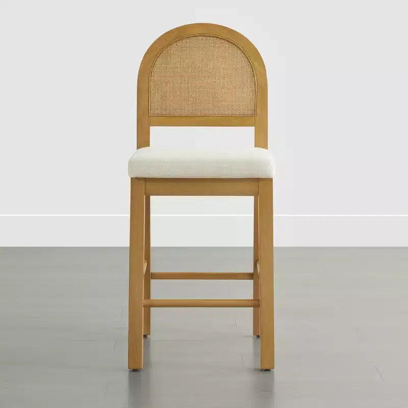 Sgabello da Bancone in Rattan Boho, Naturale/Noce, Schienale Curvo e Seduta Imbottita, Set da 2 o 3 (1 Posto Ciascuno)