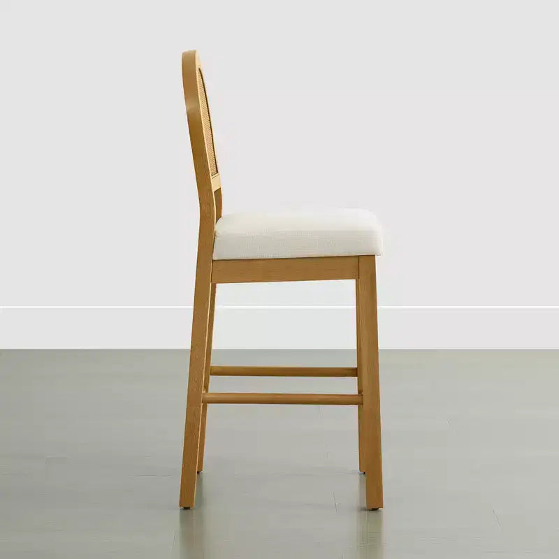 Sgabello da Bancone in Rattan Boho, Naturale/Noce, Schienale Curvo e Seduta Imbottita, Set da 2 o 3 (1 Posto Ciascuno)