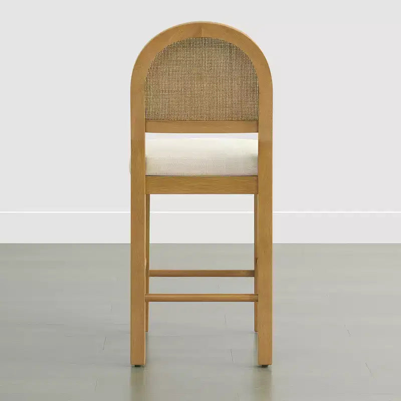 Sgabello da Bancone in Rattan Boho, Naturale/Noce, Schienale Curvo e Seduta Imbottita, Set da 2 o 3 (1 Posto Ciascuno)