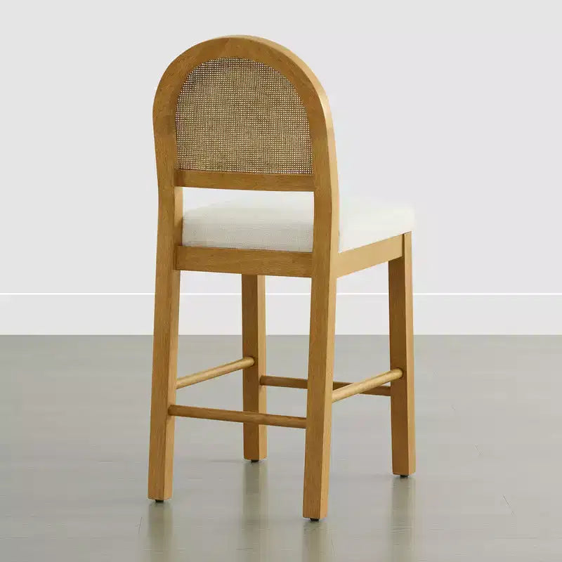 Sgabello da Bancone in Rattan Boho, Naturale/Noce, Schienale Curvo e Seduta Imbottita, Set da 2 o 3 (1 Posto Ciascuno)