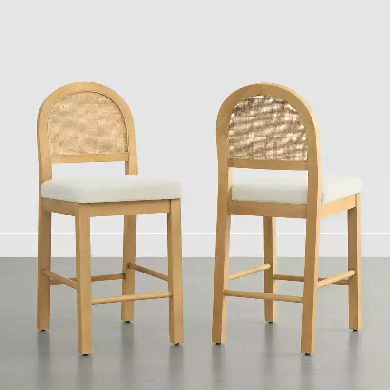 Sgabello da Bancone in Rattan Boho, Naturale/Noce, Schienale Curvo e Seduta Imbottita, Set da 2 o 3 (1 Posto Ciascuno)