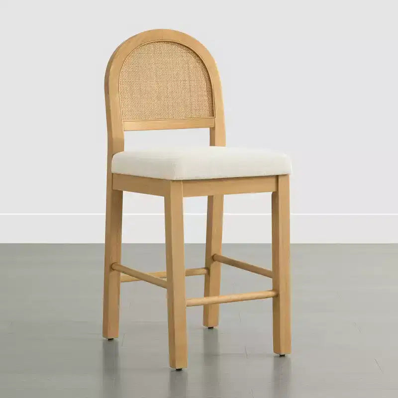 Sgabello da Bancone in Rattan Boho, Naturale/Noce, Schienale Curvo e Seduta Imbottita, Set da 2 o 3 (1 Posto Ciascuno)