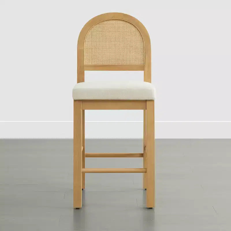 Sgabello da Bancone in Rattan Boho, Naturale/Noce, Schienale Curvo e Seduta Imbottita, Set da 2 o 3 (1 Posto Ciascuno)