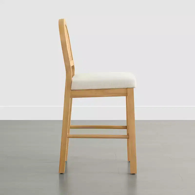 Sgabello da Bancone in Rattan Boho, Naturale/Noce, Schienale Curvo e Seduta Imbottita, Set da 2 o 3 (1 Posto Ciascuno)