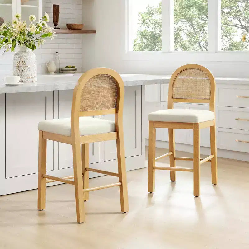 Spruce&Spring Boho Rattan Counter Stool with Curved Rattan Back and Cushioned Seat
