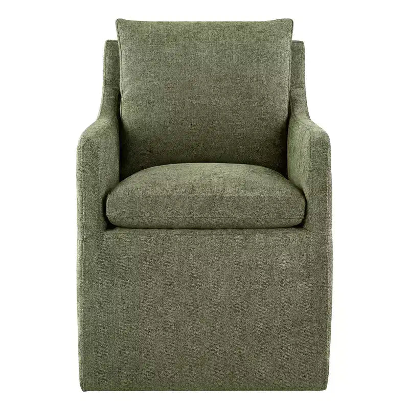Sedia da pranzo con braccioli e rotelle in tessuto beige/verde/lino/grano, 1 posto