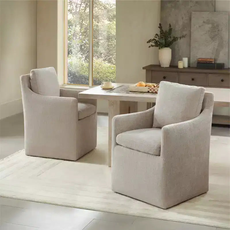 Sedia da pranzo con braccioli e rotelle in tessuto beige/verde/lino/grano, 1 posto