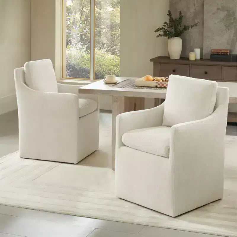 Sedia da pranzo con braccioli e rotelle in tessuto beige/verde/lino/grano, 1 posto