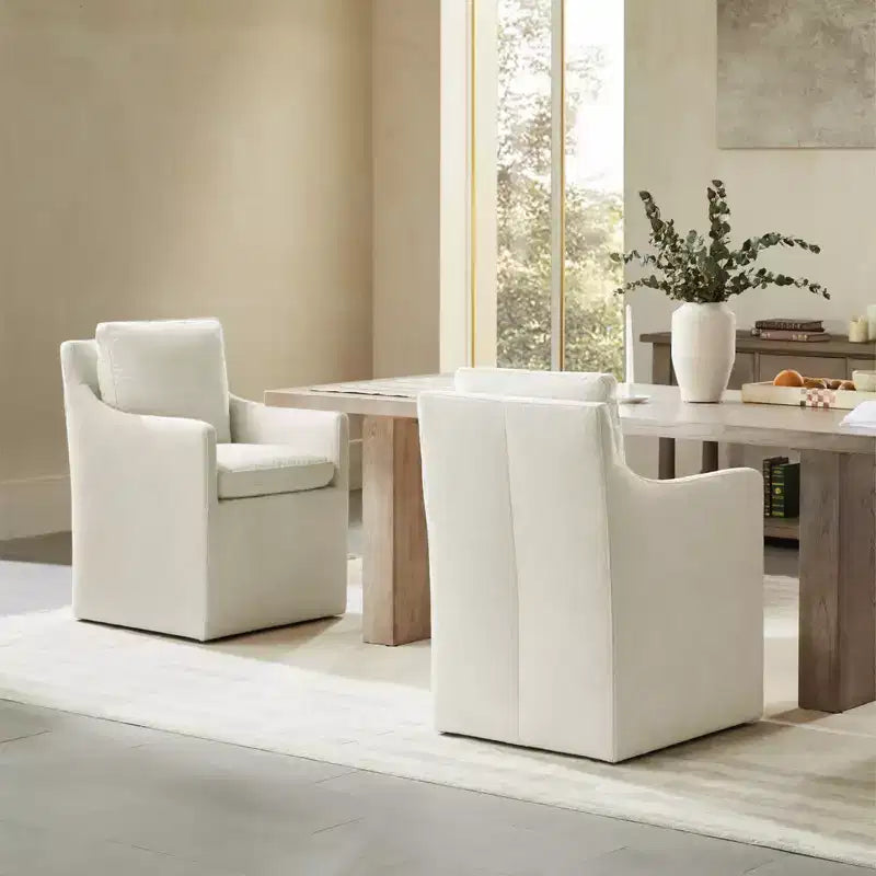 Sedia da pranzo con braccioli e rotelle in tessuto beige/verde/lino/grano, 1 posto